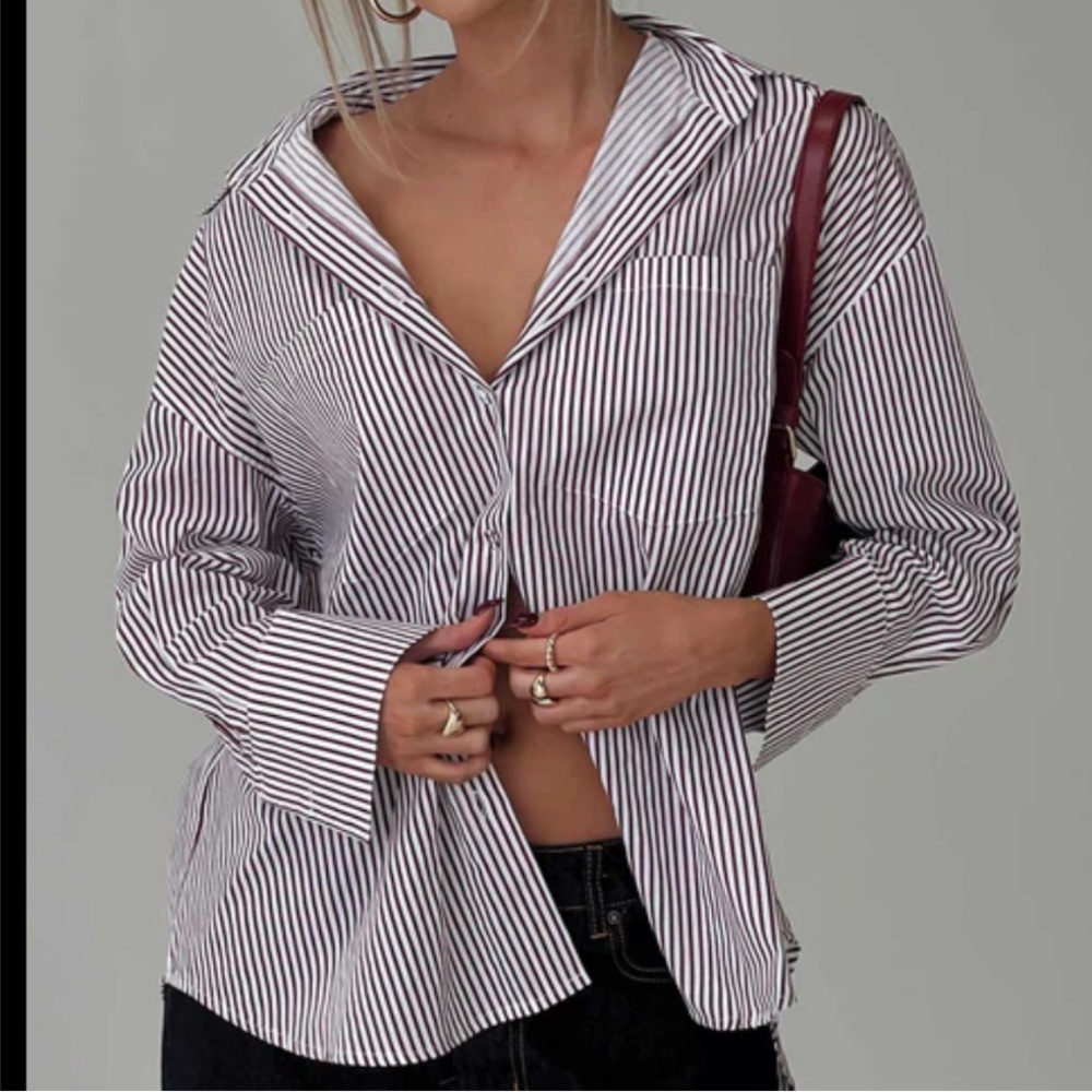 Princess Polly White and Burgundy Striped Button Down Shirt
